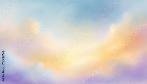 colorful watercolor background of abstract sunset sky with puffy clouds in bright rainbow colors of blue purple yellow and soft white center blur © Michelle
