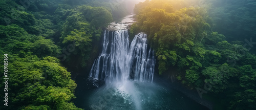 A mesmerizing aerial view of a cascading waterfall nestled within a lush  untouched forest  with sunlight filtering through the canopy  creating a sparkling display of nature s beauty