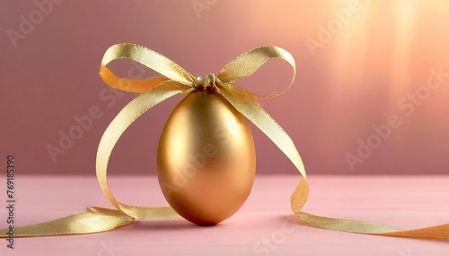 golden easter egg with ribbon in pink studio