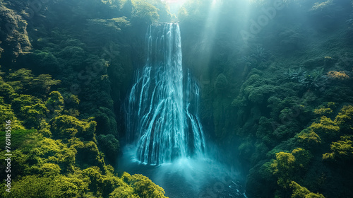 A mesmerizing aerial view of a cascading waterfall nestled within a lush, untouched forest, with sunlight filtering through the canopy, creating a sparkling display of nature's beauty