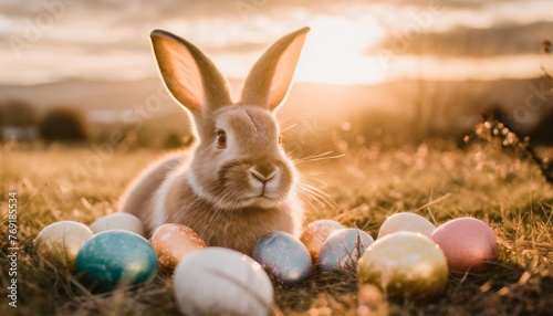 magical easter moment captured with a rabbit and colorful eggs in the soft sunset light