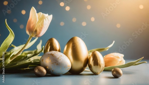tulip flower and easter eggs on blue background