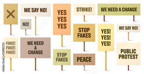 Colorful protest signs with slogan on wooden holder. Realistic vector demonstration banner. Strike action cardboard placard mockup