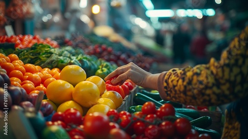 A woman’s hand picks fresh produce at a local market.