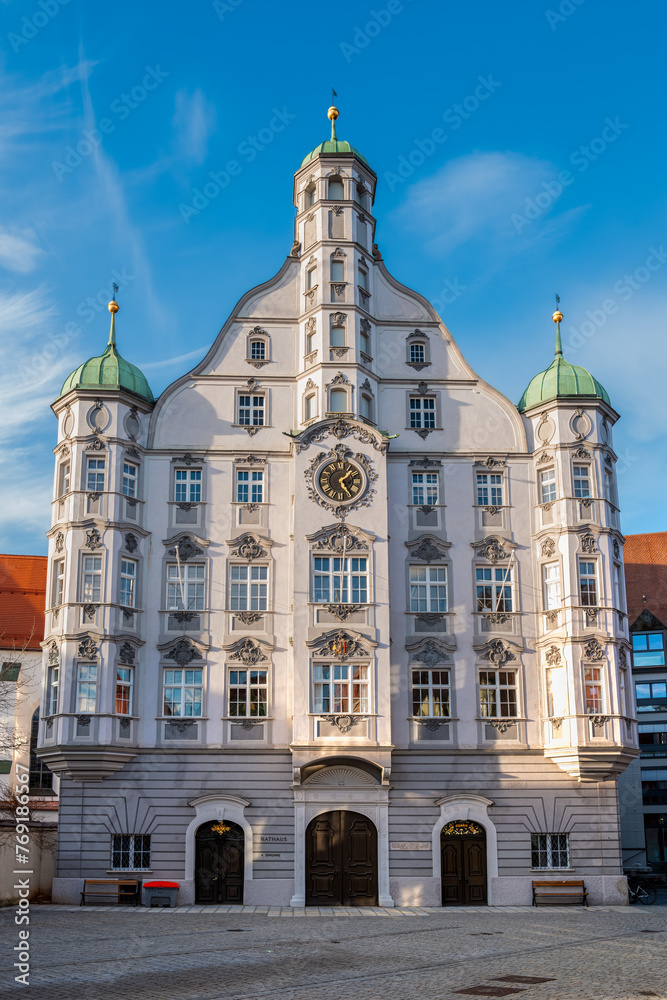 Fototapeta premium Memmingen, Germany - March 14, 2024: Building of Town hall located on Marktplatz square in Memmingen, Bavaria, Germany