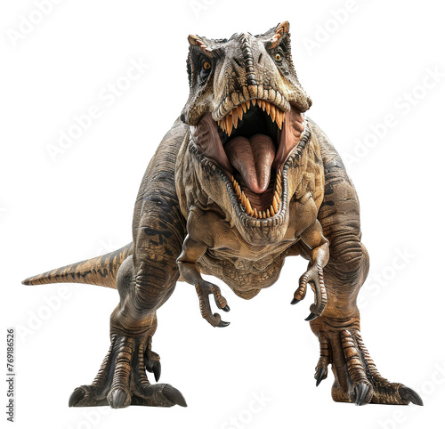 Ferocious tyrannosaurus rex roaring with open mouth on transparent background - stock png.