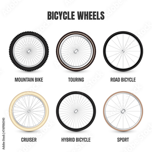 Realistic 3d retro bicycle wheels. Vintage bike rubber tyres, shiny metal spokes and rims. Fitness cycle, touring, sport, road and mountain bike. Vector illustration