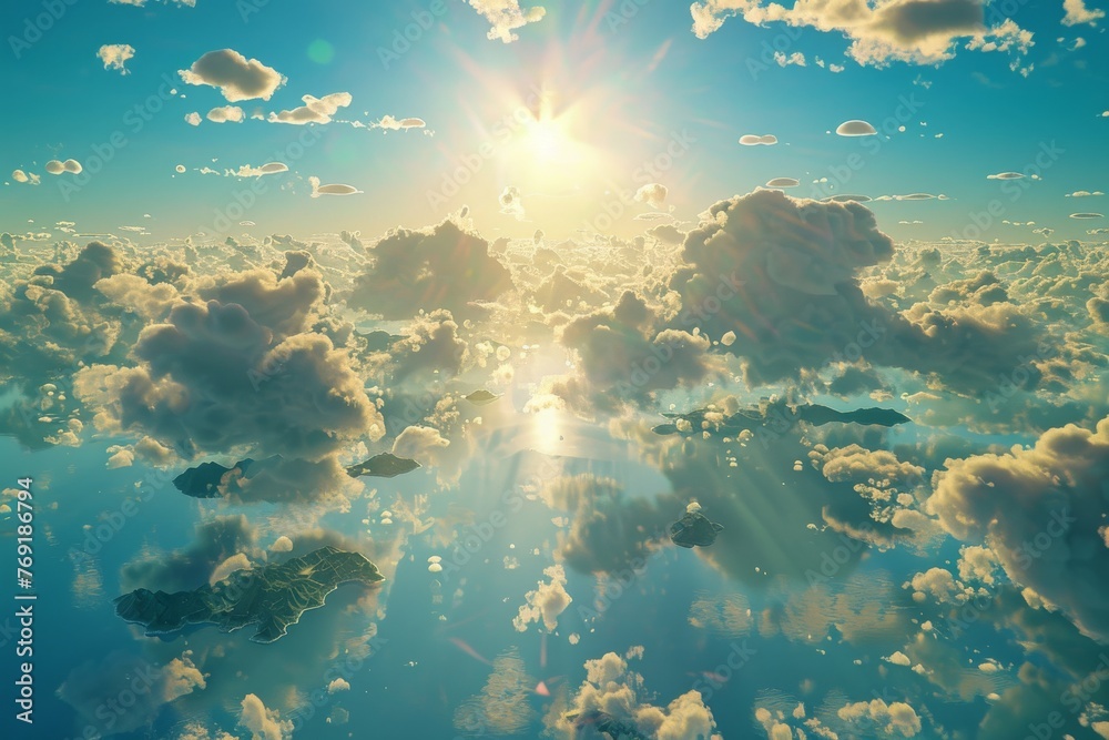 A sky-blue pattern with soft, fluffy clouds, interspersed with golden sunrays in the distance, capturing the sense of wonder and freedom created with Generative AI Technology - obrazy, fototapety, plakaty 
