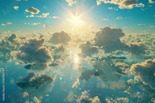 A sky-blue pattern with soft, fluffy clouds, interspersed with golden sunrays in the distance, capturing the sense of wonder and freedom created with Generative AI Technology photo