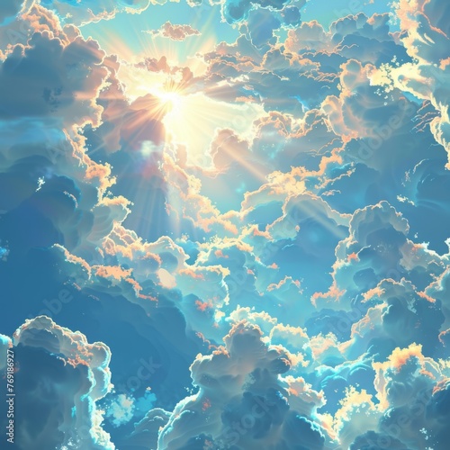 A sky-blue pattern with soft, fluffy clouds, interspersed with golden sunrays in the distance, capturing the sense of wonder and freedom created with Generative AI Technology
