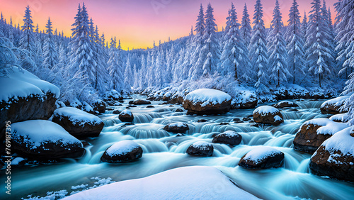 Winter landscape - view of a mountain river in a winter forest after a snowfall. Created using generative AI tools