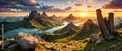 Epic landscape overlooking amazing fjords with rocky mountainous shores at sunset. Nature landscape wallpaper, banner. Created using generative AI tools © rustamank