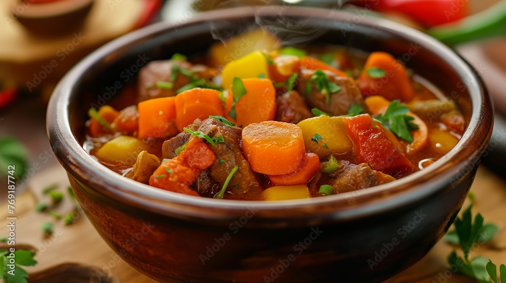 Bowl of stew with a variety of colorful vegetables. Bowl of stew with a variety of colorful vegetables.