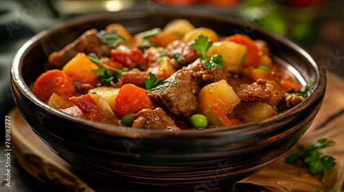Bowl of stew with a variety of colorful vegetables.