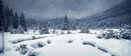 Beautiful snow-covered field against the background of forest and mountains. Natural winter background, wallpaper, banner. Created using generative AI tools