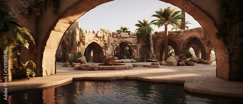 an immersive AI scene with two arches constructed from organic elements, infused with Mesopotamian design influences, forming an entrance to a serene 