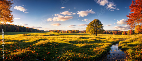 Autumn landscape - view of the meadow with stream and forest at sunrise. Nature landscape wallpaper, banner. Created using generative AI tools
