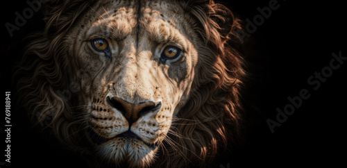 Close-up muzzle of an adult male lion with a beautiful mane. Low-key lighting view of a wild animal  isolated on a black background  banner. Created using generative AI tools