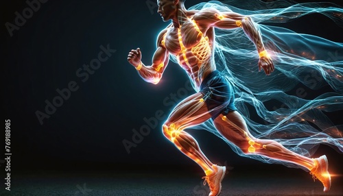 Fototapeta Naklejka Na Ścianę i Meble -  Semi-transparent athletic person with insight into the structure of stressed parts of the bones, tendons and muscles and lines of motion