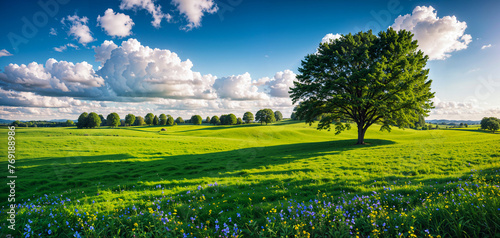 Beautiful summer green meadow with lonely tree and wildflowers. Nature landscape wallpaper, banner. Created using generative AI tools