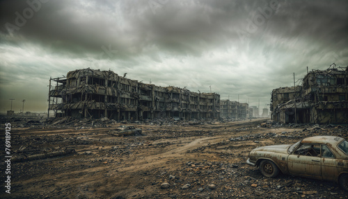 View of the street of an abandoned city after a cataclysm, a global catastrophe. Concept of environmental disaster, post-apocalypse. Created using generative AI tools