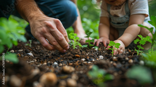Parent And Child Engage In Planting Fresh Garden Seedlings, Close-Up