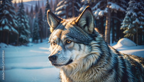 Close-up of an male gray wolf in a winter snowy forest. View of a wild animal in natural conditions. Created using generative AI tools