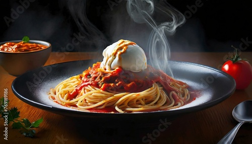 a plate of hot spaghetti with tomato sauce, topped with a melting scoop of vanilla ice cream