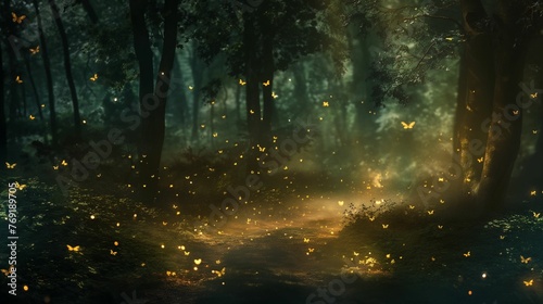Darkened forest with fireflies their ethereal glow.