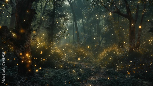 Darkened forest with fireflies their ethereal glow.