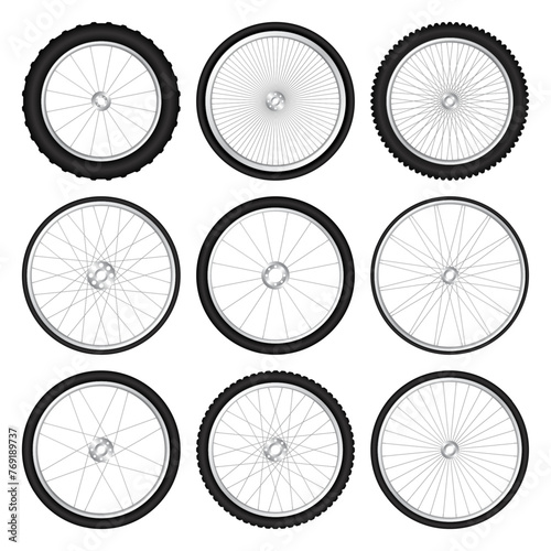 Realistic 3d bicycle wheels. Bike rubber tyres, shiny metal spokes and rims. Fitness cycle, touring, sport, road and mountain bike. Vector illustration