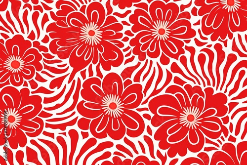 simple red flower pattern, lino cut, hand drawn, fine art, line art