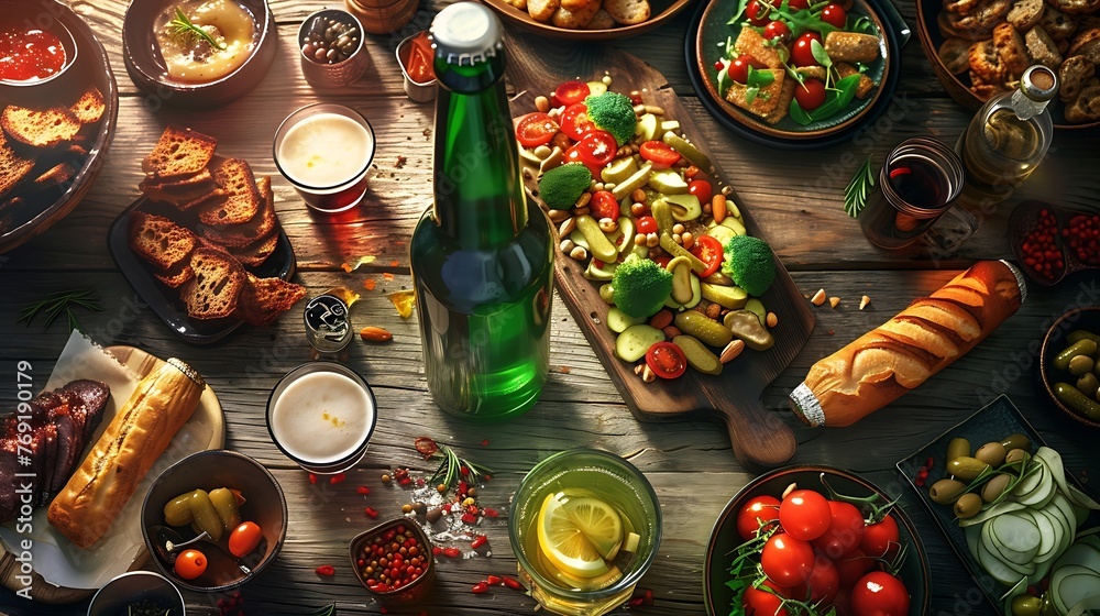 an inviting scene where a diverse selection of delicious foods is arranged around a central beer bottle on an aesthetically pleasing cocktail table