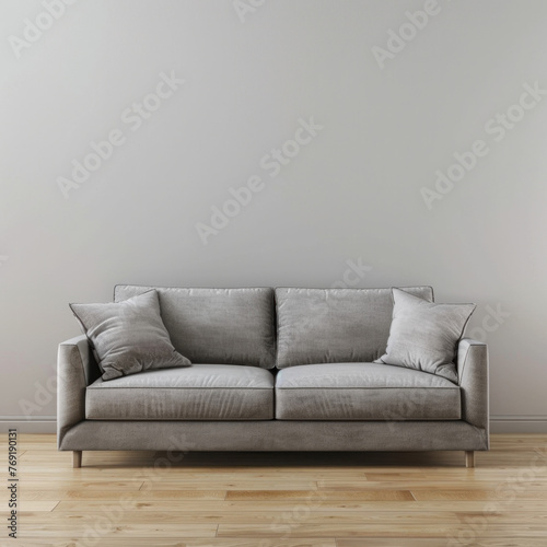 3D render of gray sofa standing on wooden floor. Generative AI
