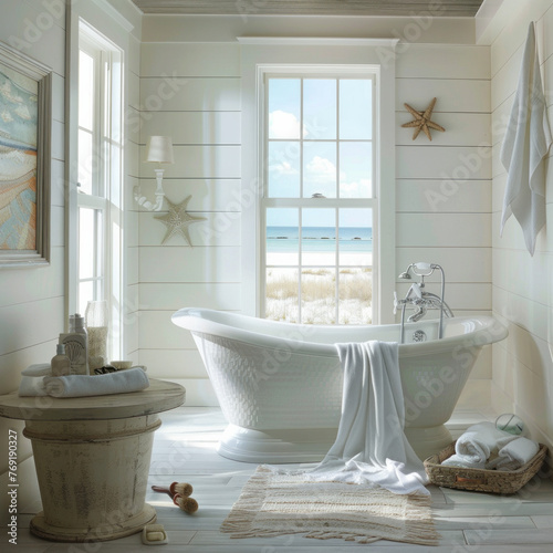 Coastal Retreat  Capture the essence of coastal living with transparent walls in the bathroom  allowing natural light to flood the space and create a bright  airy atmosphere. Generative AI