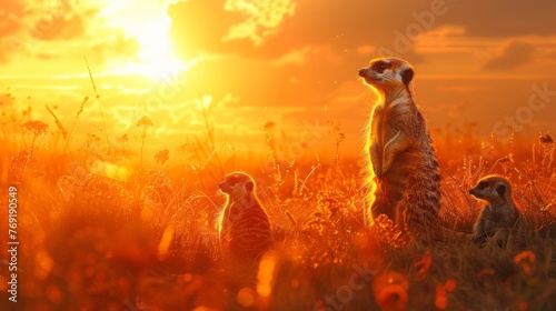 Group of meerkats in natural landscape at sunset on grassy plain photo