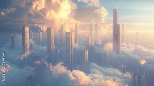 Futuristic cities with towering skyscrapers piercing through the clouds. #769191107