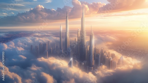 Futuristic cities with towering skyscrapers piercing through the clouds. #769191110