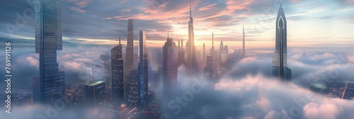 Futuristic cities with towering skyscrapers piercing through the clouds. #769191126