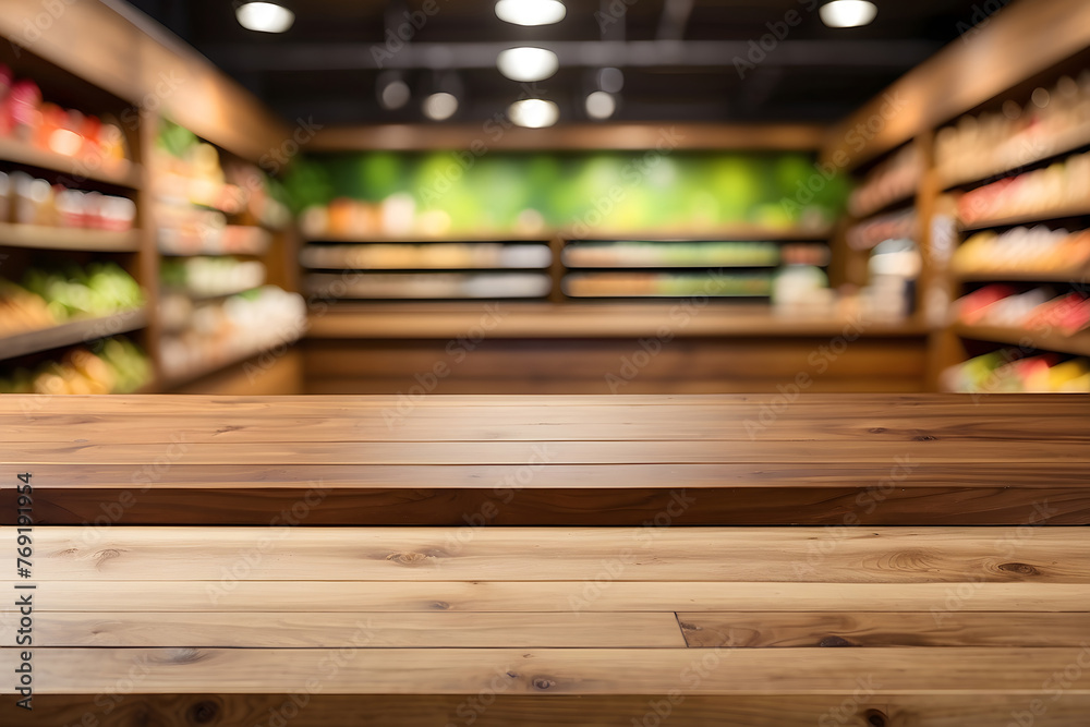 Empty wooden table with a beautiful grocery store background