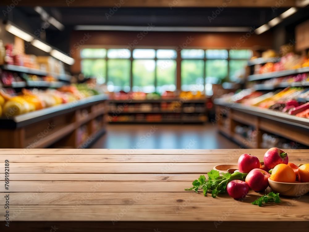 Empty wooden table with a beautiful grocery store background