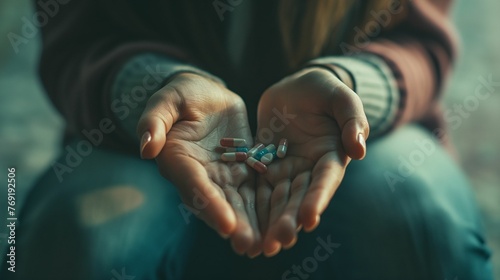 Hands of a young woman holding medications.