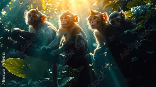 A group of primates perched on a tree branch in the jungle photo