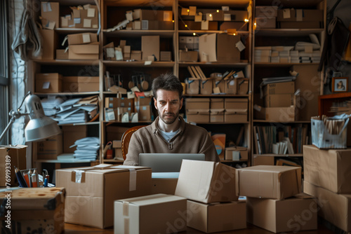 Man Working on Laptop Surrounded by Boxes © Ala