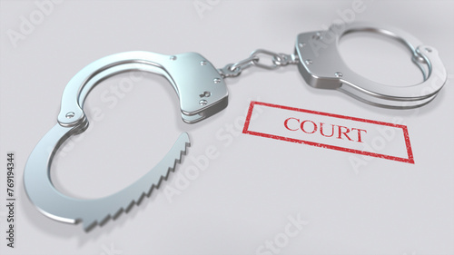 Court Word and Handcuffs 3D Illustration