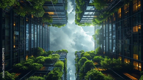 緑の植物が絡む高層ビル,Generative AI AI画像