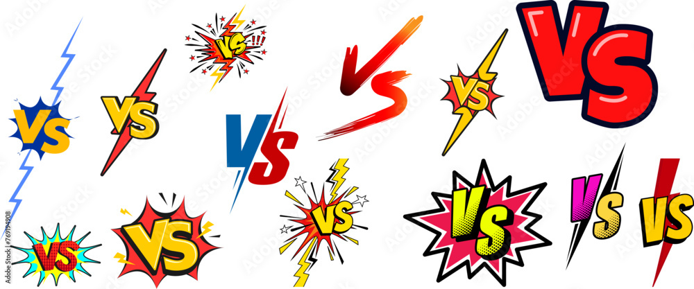Fototapeta premium Comics vs collection. Versus lightning ray border, comic fighting duel and fight confrontation logo. Vs battle challenge, sports team matches conflict isolated cartoon vector background