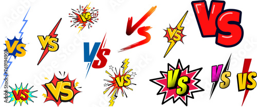 Comics vs collection. Versus lightning ray border, comic fighting duel and fight confrontation logo. Vs battle challenge, sports team matches conflict isolated cartoon vector background photo