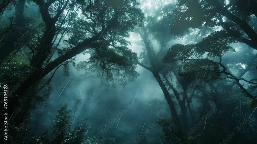 Image of a rainforest shrouded in mist and darkness. Image of a rainforest shrouded in mist and darkness.