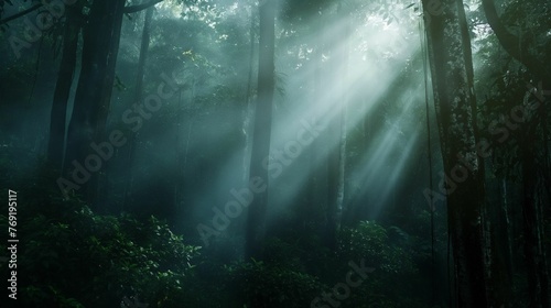 Image of a rainforest shrouded in mist and darkness.